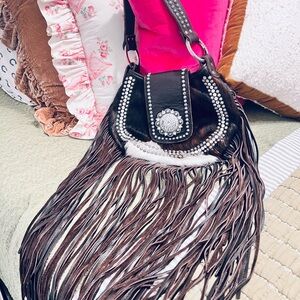 Black and Brown cowhide crystal Fringe Shoulder Bag